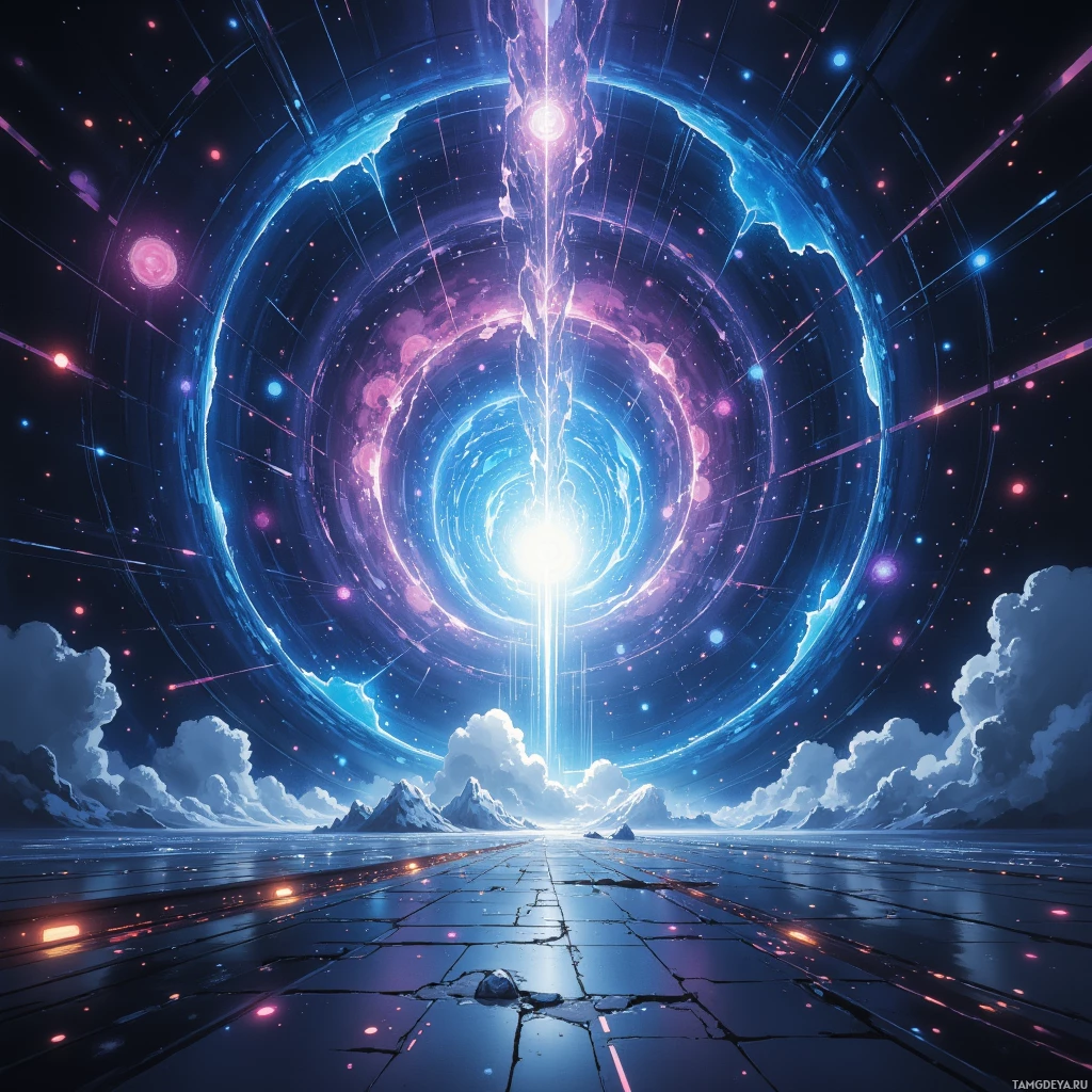 A futuristic landscape featuring a glowing portal with concentric rings and a bright light at the center, set against a starry sky and a cracked, reflective surface.