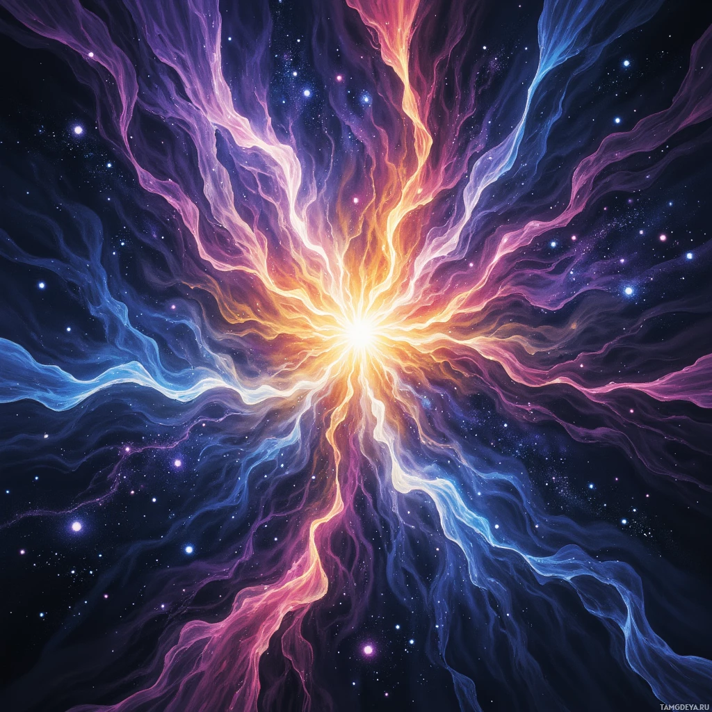 A vibrant cosmic explosion with swirling colors and stars against a dark background.