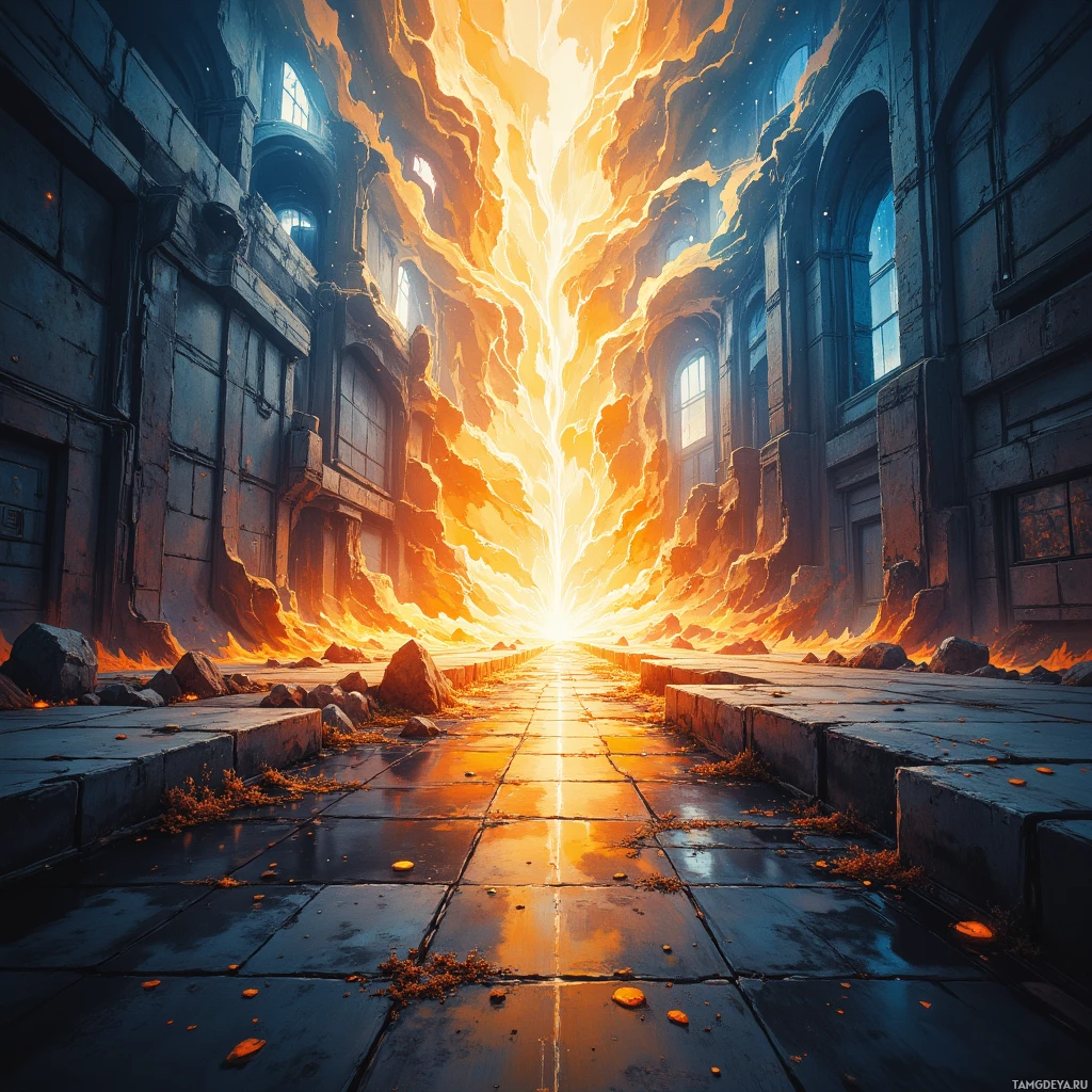 A fiery, glowing portal within a dilapidated stone structure.