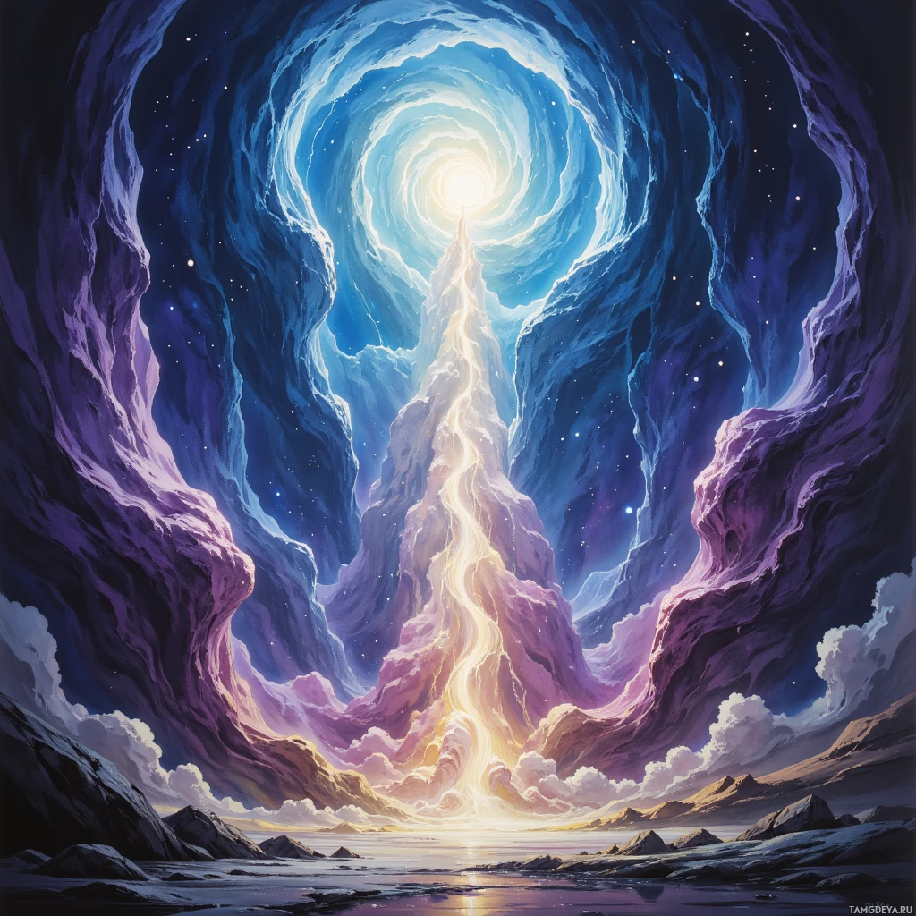 A cosmic scene featuring a glowing, ethereal tunnel leading to a bright light at the center, surrounded by starry skies and rocky landscapes.