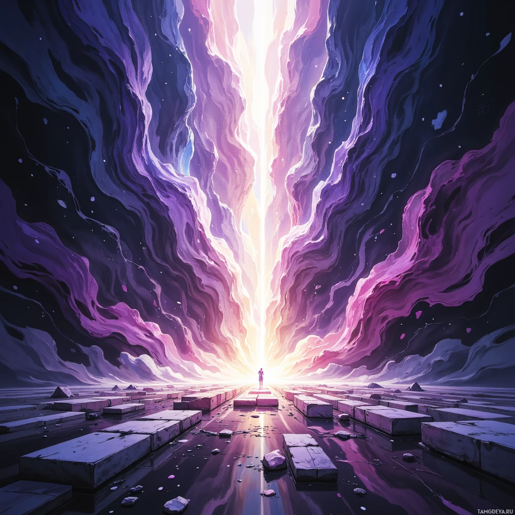 A person stands at the end of a path leading towards a bright, glowing light in a cosmic, ethereal landscape.