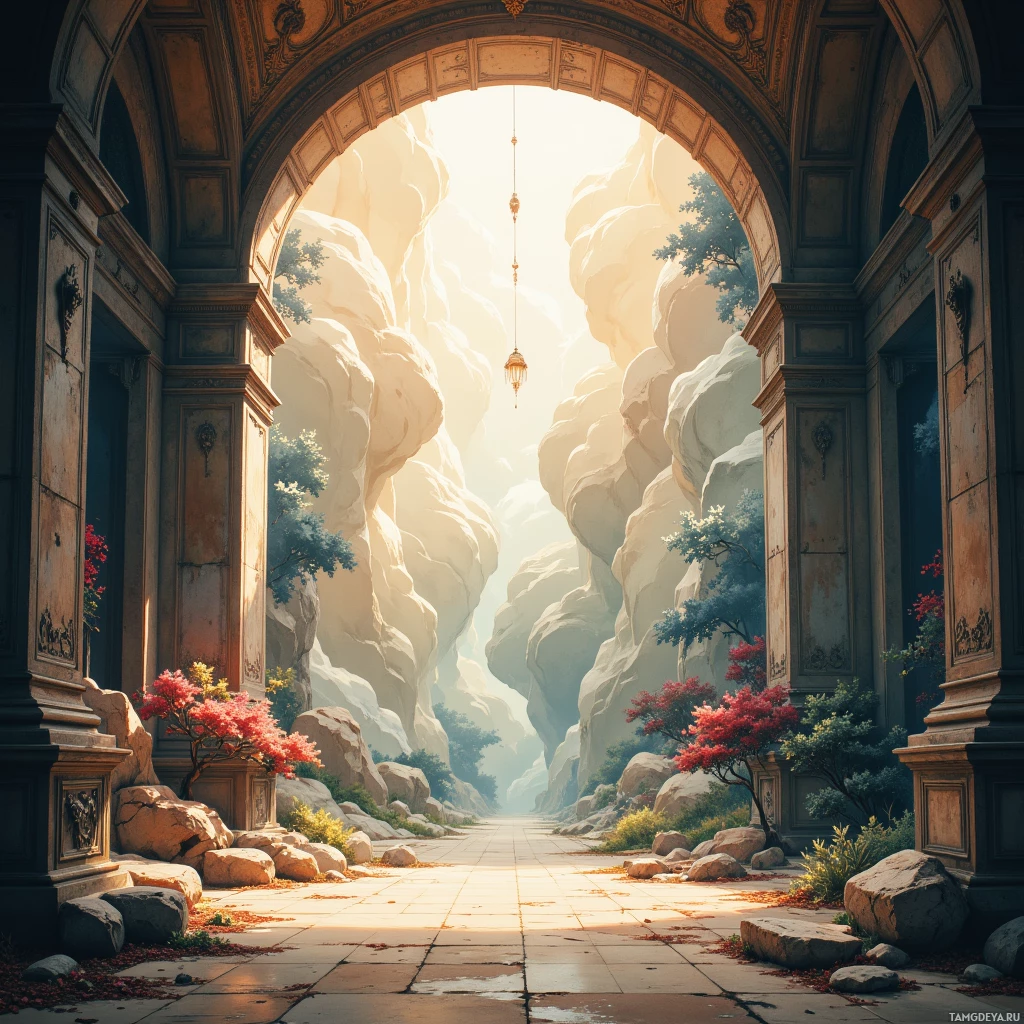A grand archway leads to a serene landscape with rocky cliffs and blooming trees.