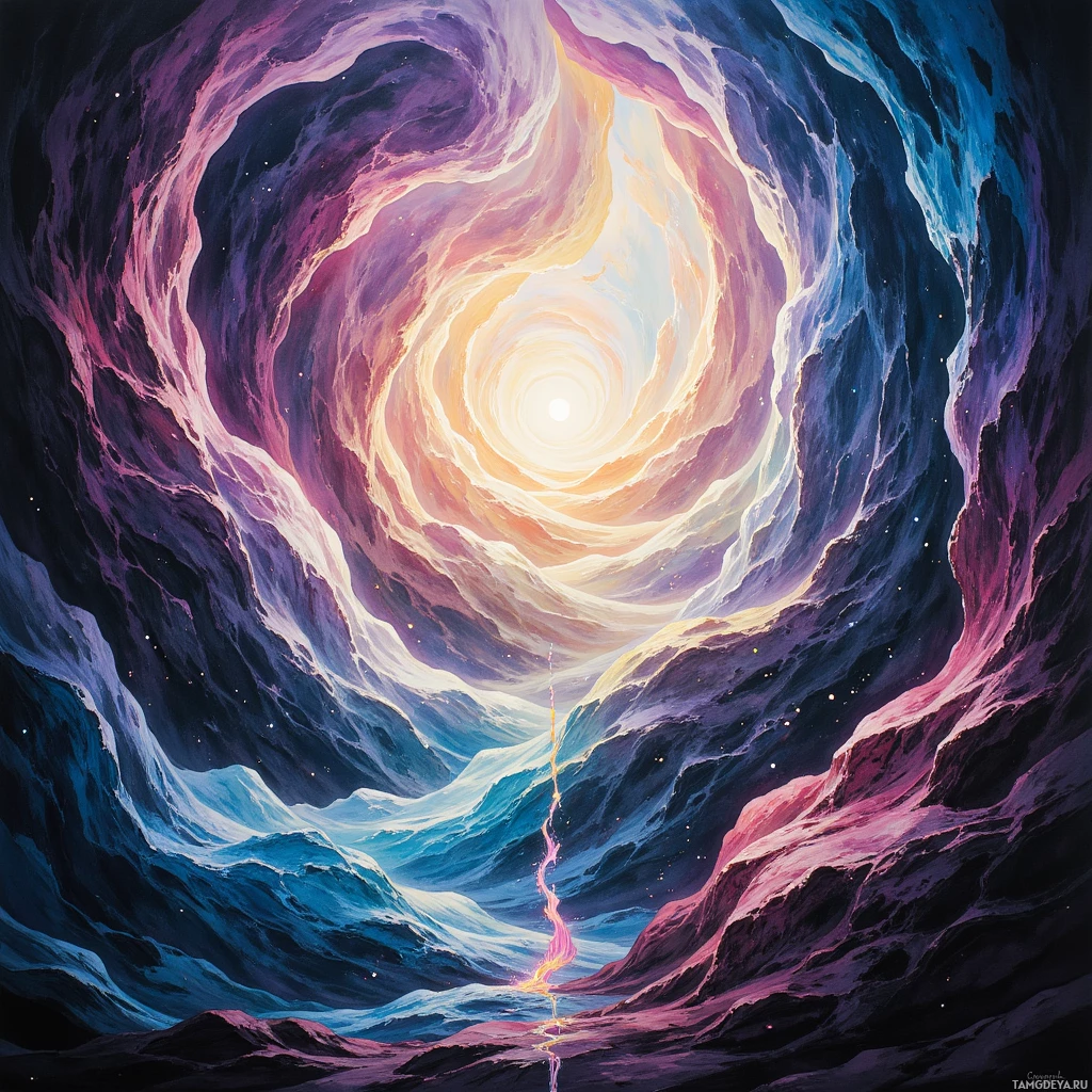 A vibrant cosmic scene featuring swirling nebulae and a bright light source at the center.