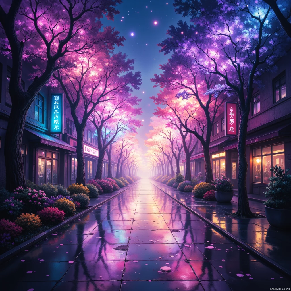 A serene nighttime street lined with trees and illuminated by soft, colorful lights.