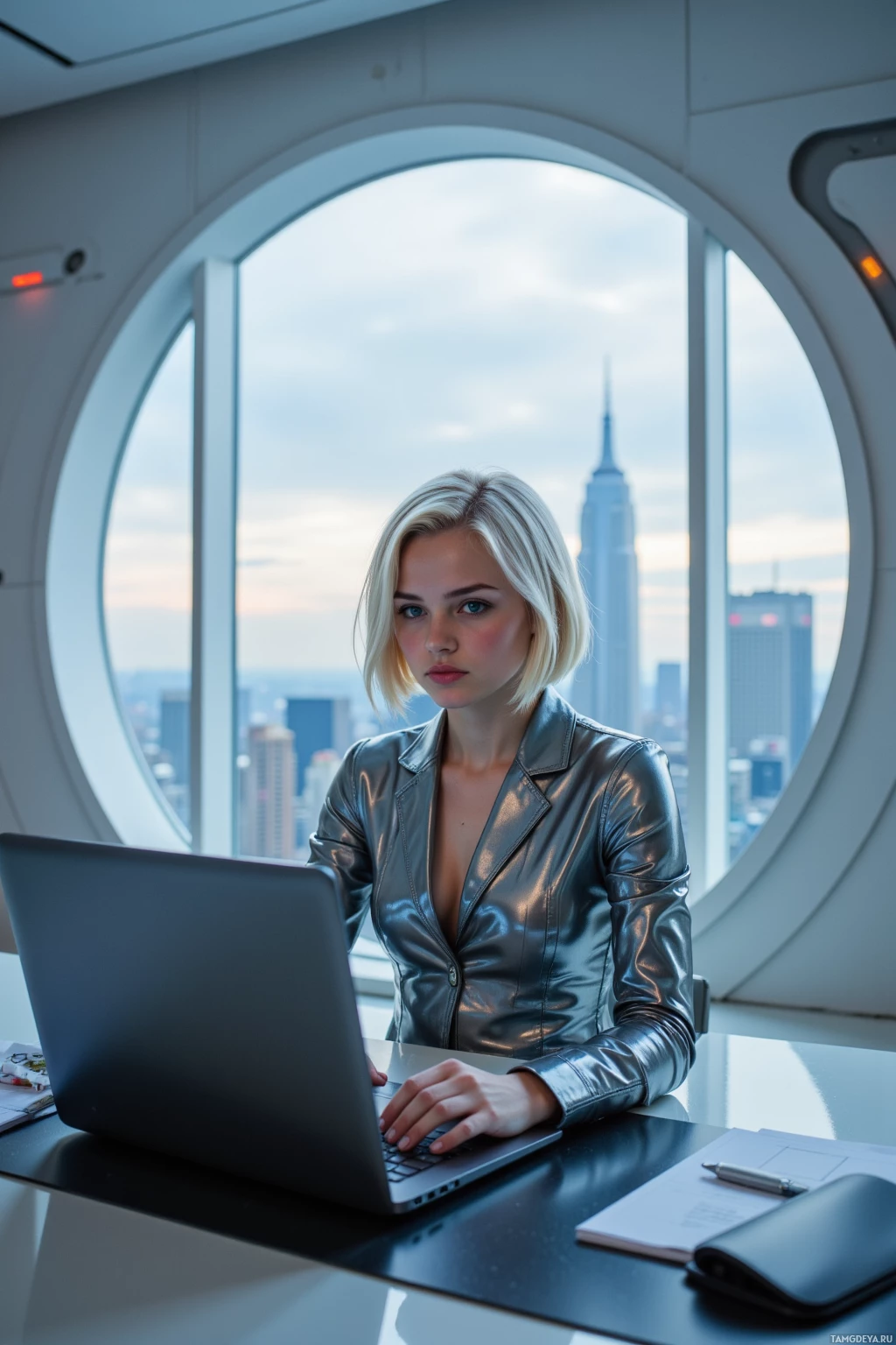 A woman in a metallic jacket works on a laptop in a modern office with a cityscape view.