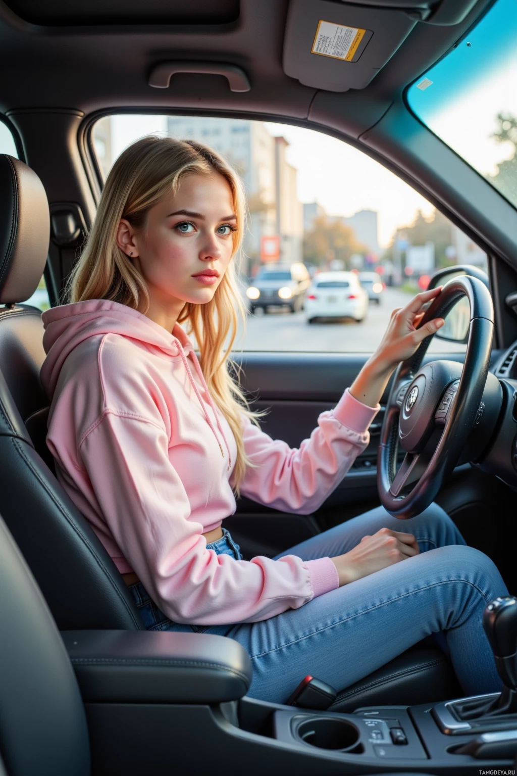A woman in a pink hoodie and jeans drives a car on a sunny day.