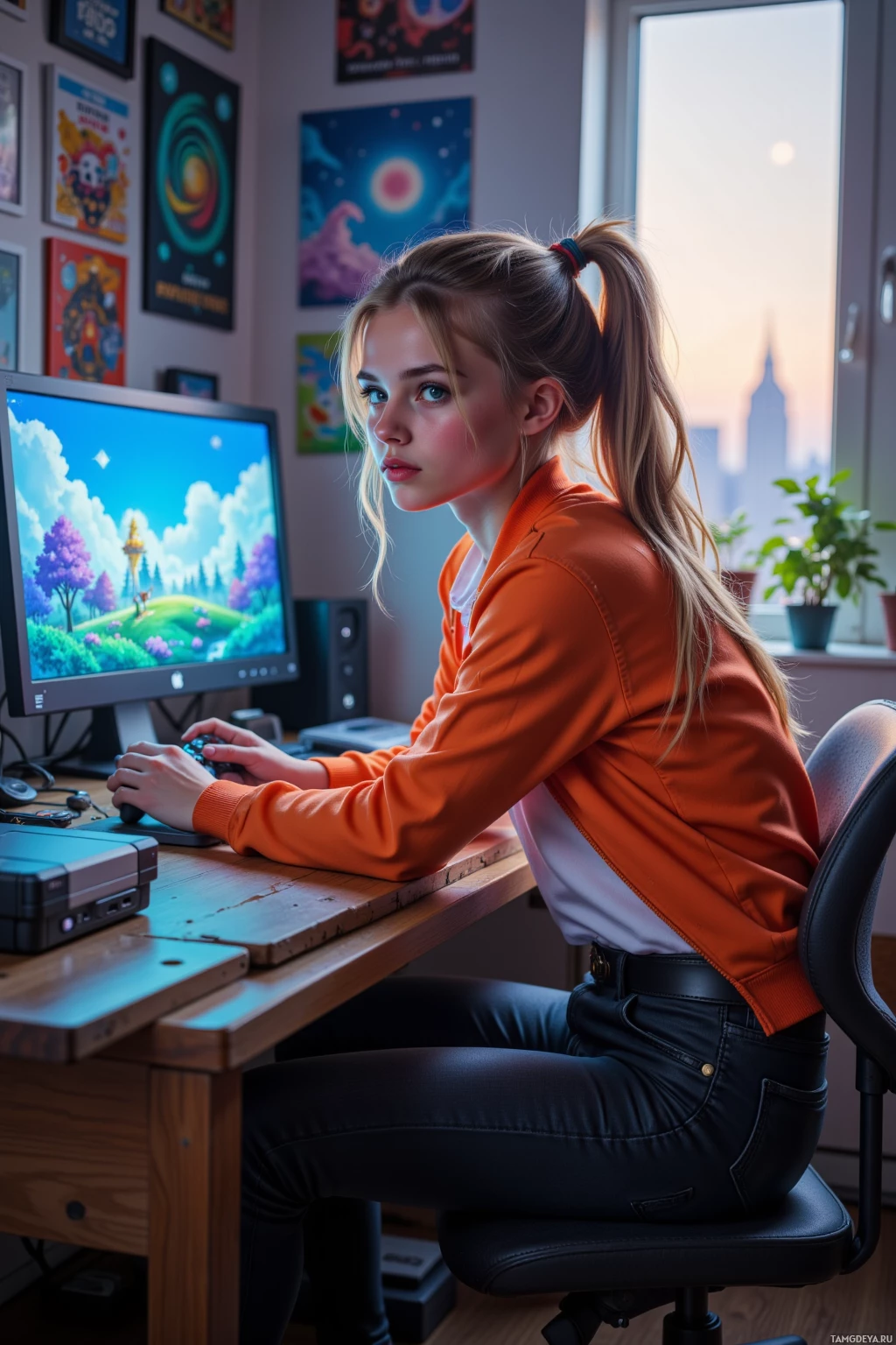 A person in an orange jacket sits at a desk, working on a computer with a scenic wallpaper.
