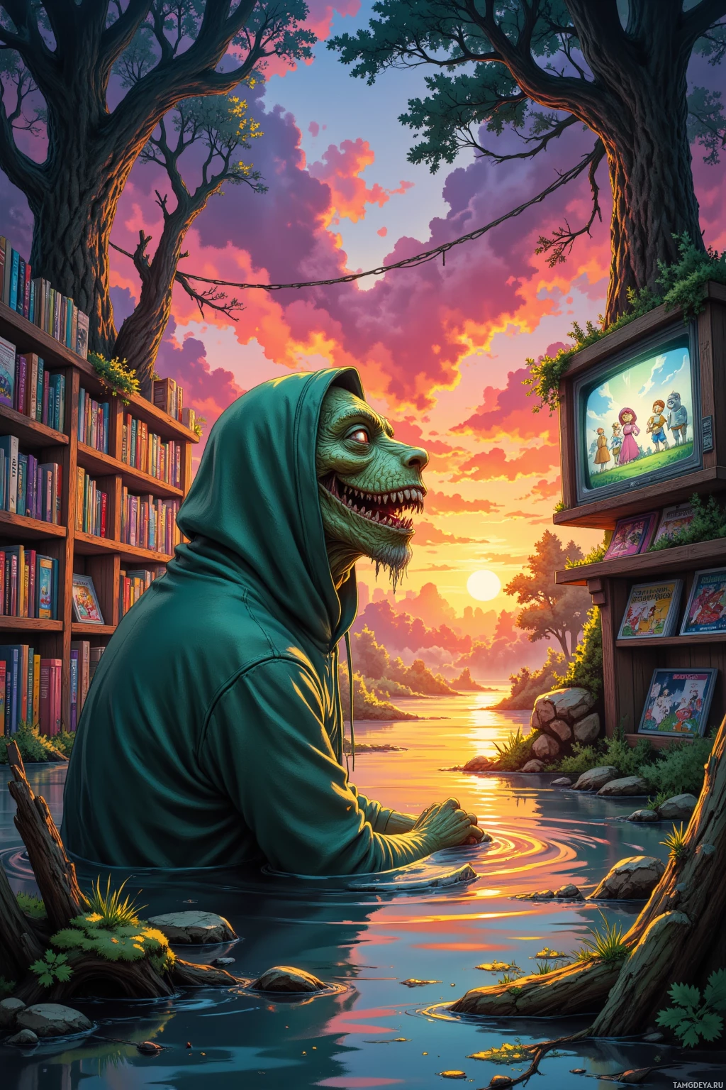 A surreal scene featuring a dinosaur in a hooded robe, surrounded by a bookshelf and a TV, set against a vibrant sunset.