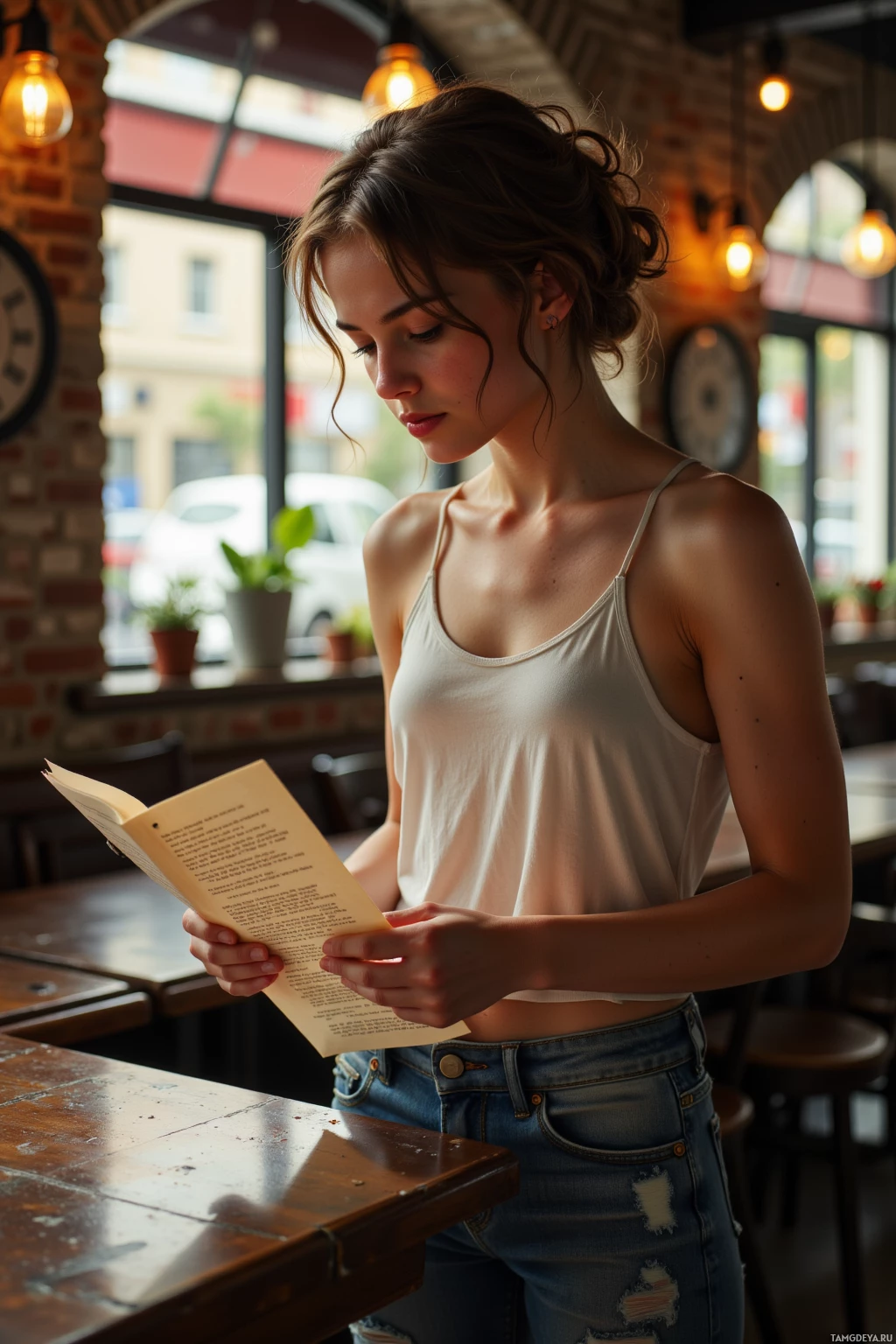 A woman in a white tank top and jeans reads a book in a cozy café setting.