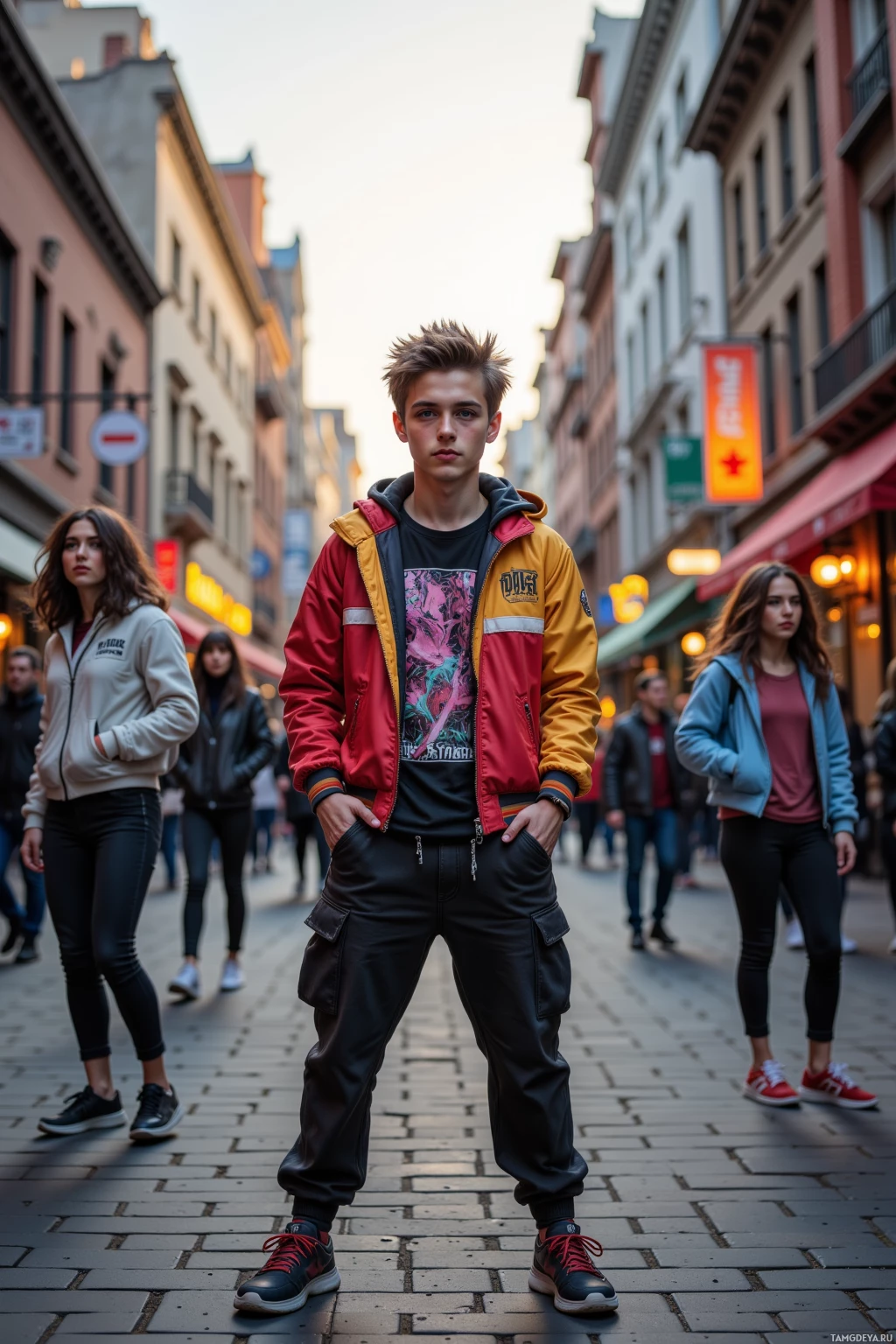 A young man stands confidently in a bustling street, surrounded by pedestrians and urban architecture.