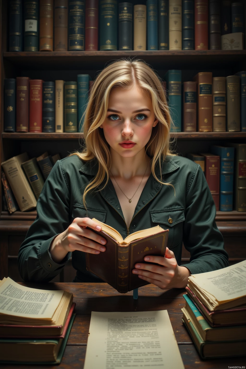 A person in a green shirt is reading a book in front of a bookshelf.