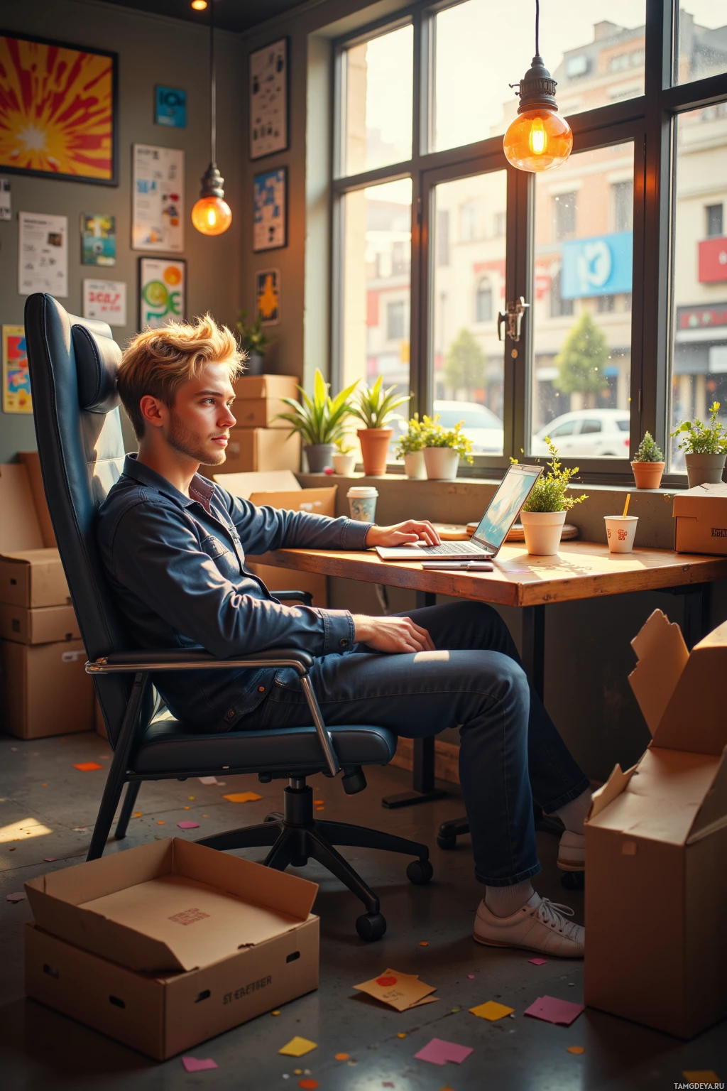 A person sits at a desk in a cozy, well-lit room with plants and boxes, working on a laptop.