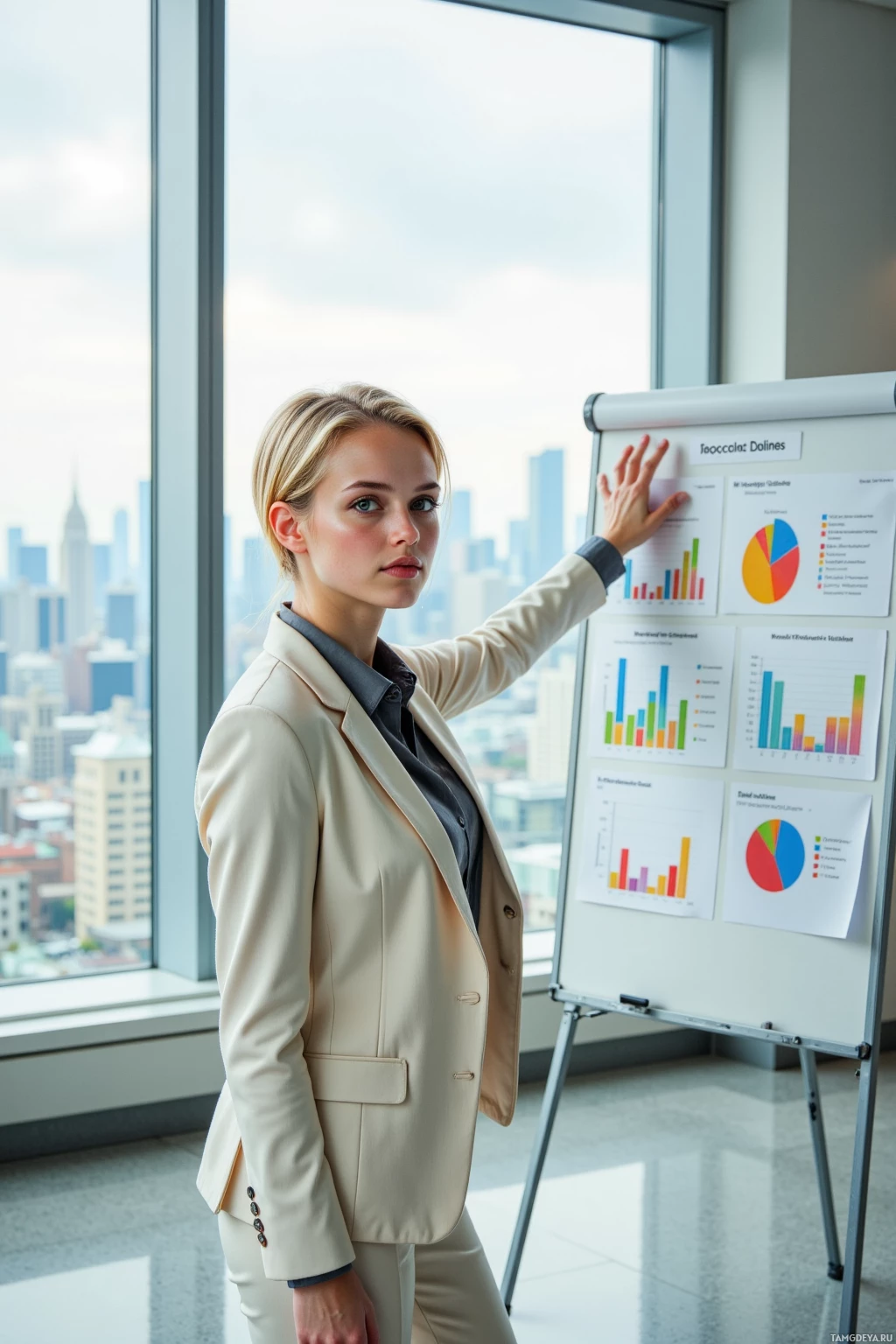 A professional woman in a suit stands by a flip chart with graphs, in front of a large window with a cityscape view.