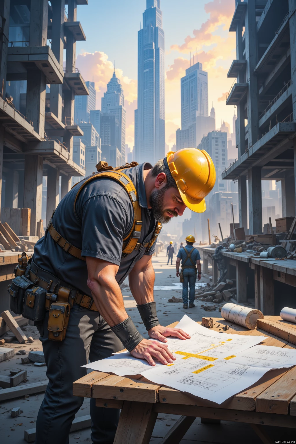 A construction worker examines blueprints at a bustling construction site with a city skyline in the background.