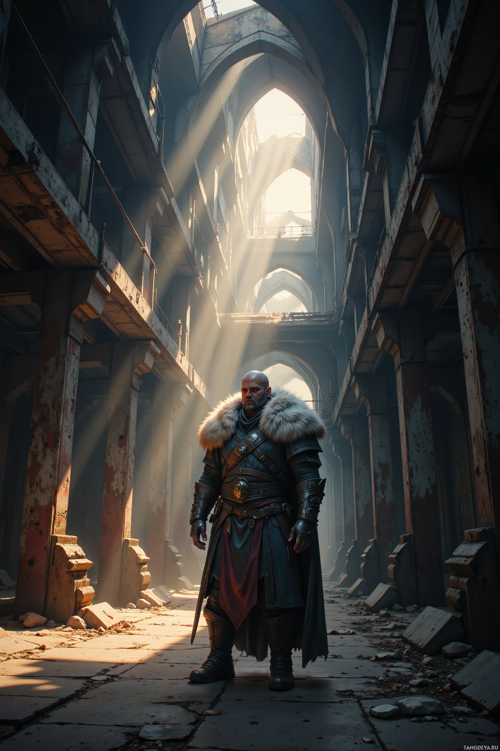 A warrior in armor stands in a dimly lit, dilapidated corridor with arched ceilings and beams of sunlight filtering through.