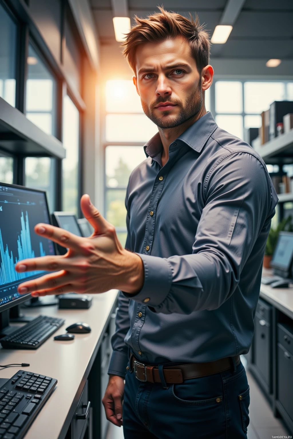 A man in a professional setting, gesturing with his hand, stands in front of a computer monitor.