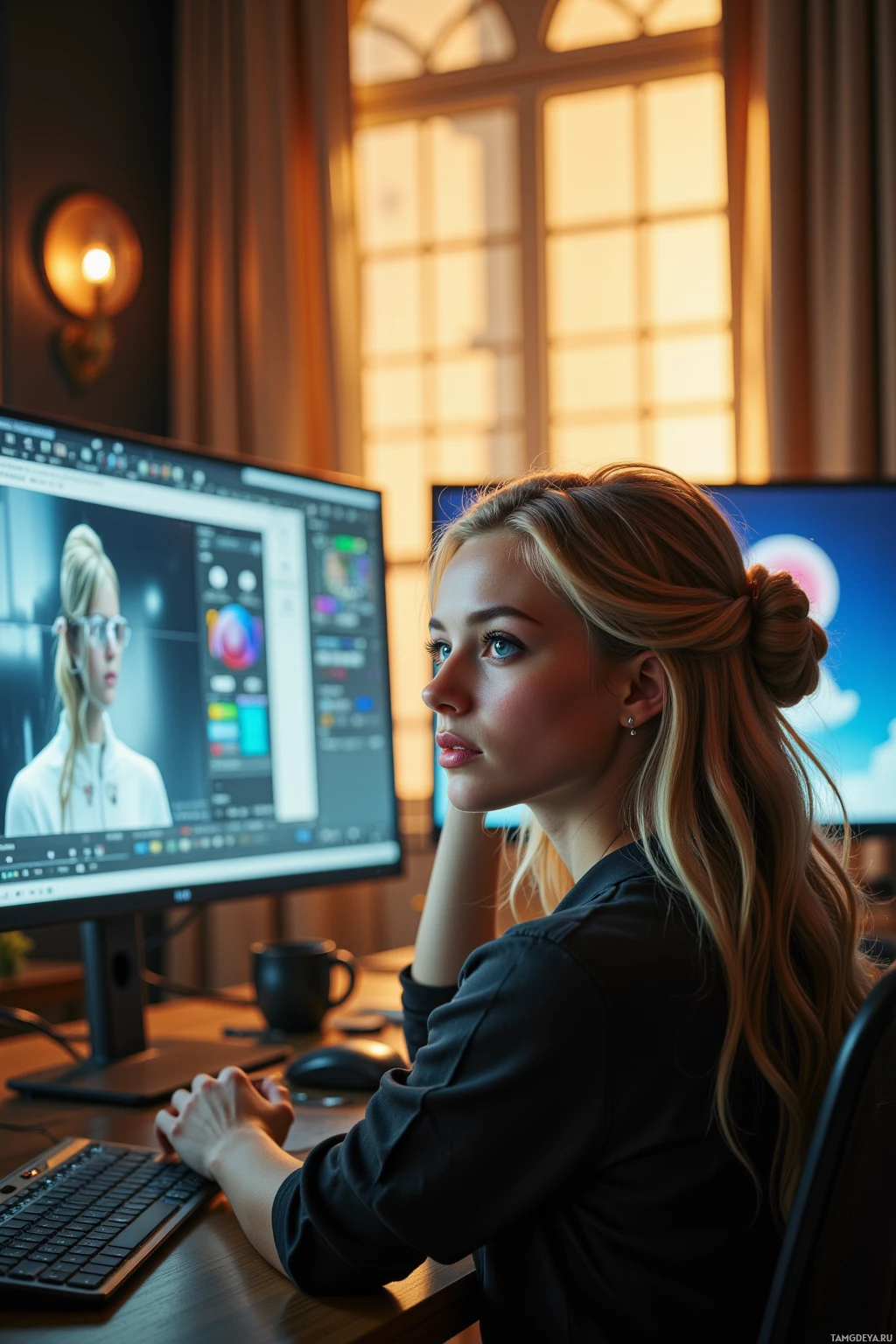 A woman is working at a computer in a warmly lit room.