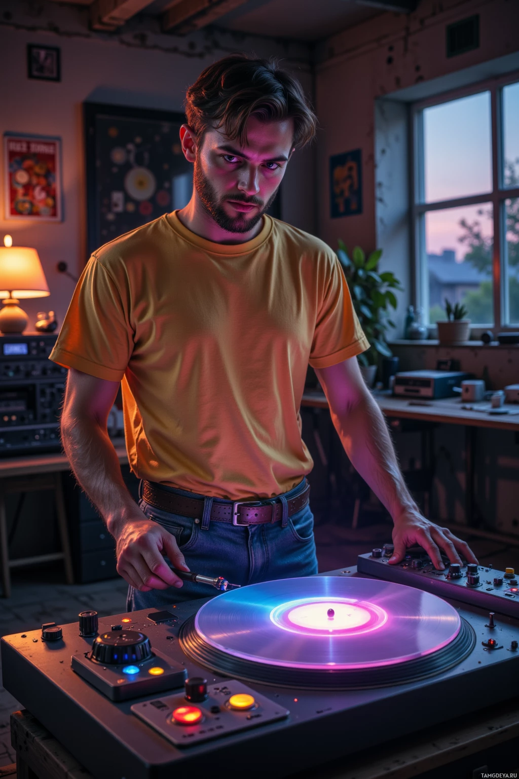 A person in a yellow shirt is operating a DJ turntable in a dimly lit room.