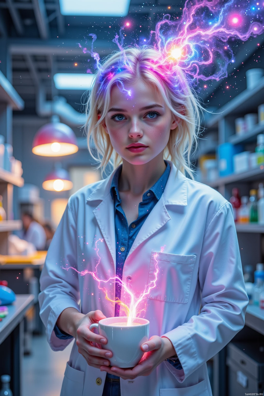 A person in a lab coat holds a glowing cup, with colorful electrical effects surrounding their head.