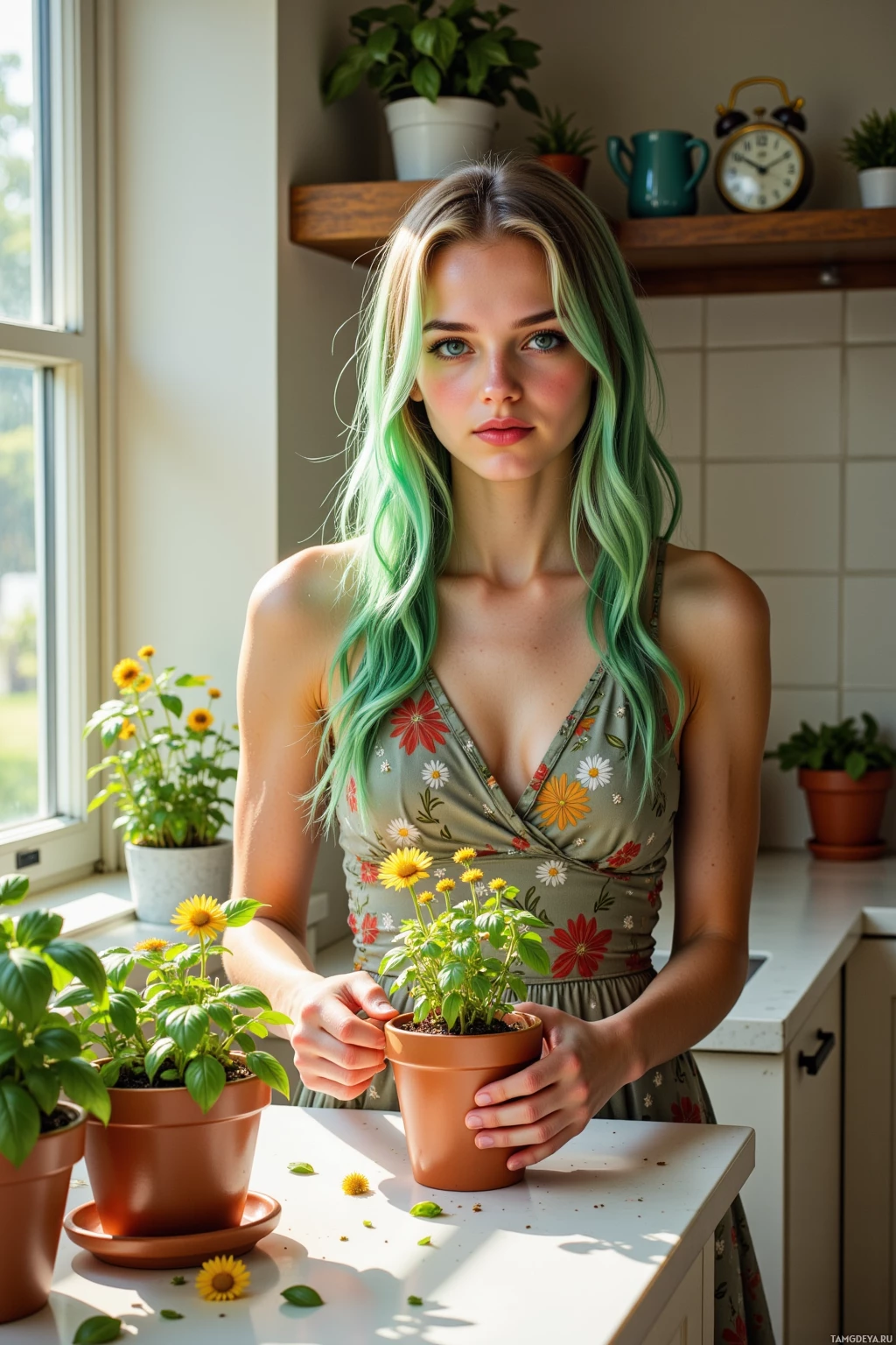 A woman with green hair holds a potted plant in a kitchen setting.