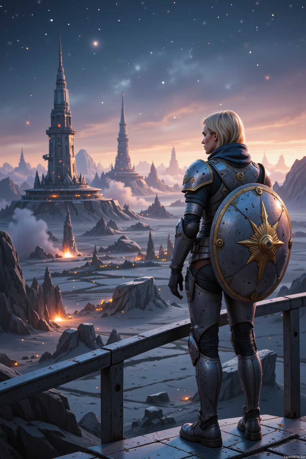 A knight in armor stands on a bridge overlooking a fantastical landscape with towering spires and a starry sky.
