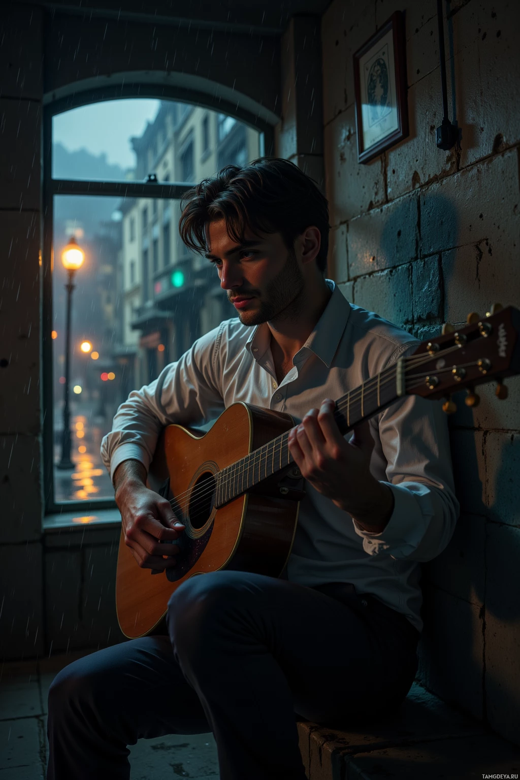 A man sits on a step playing a guitar under rain, with a window and street view in the background.