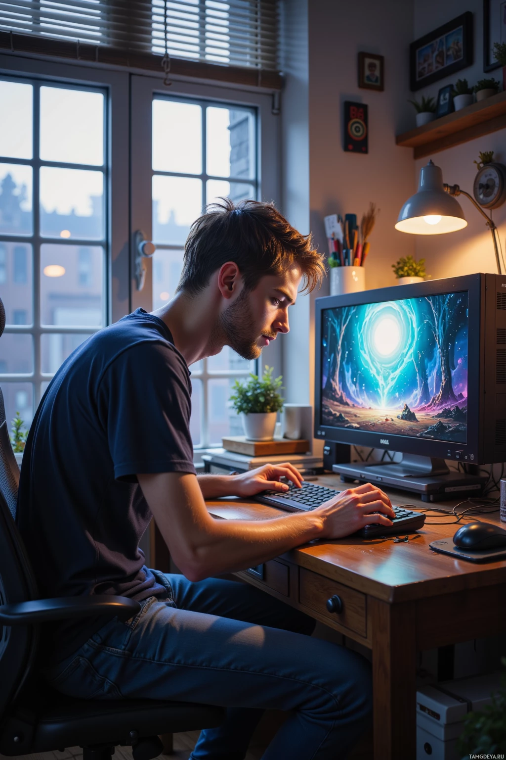 A person is sitting at a desk working on a computer with a vibrant desktop background.