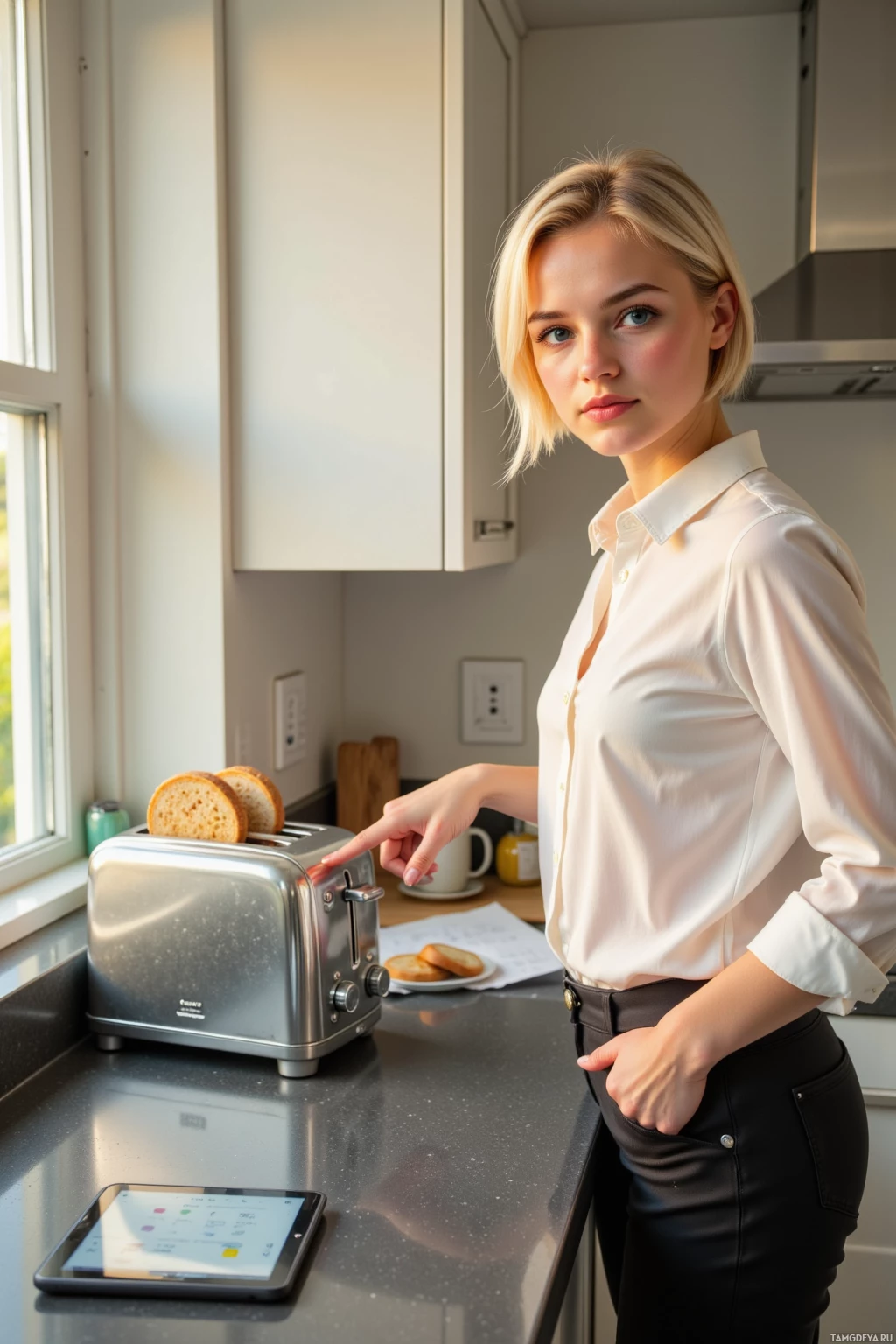 A woman in a white shirt stands in a kitchen, reaching for a toaster with two slices of toasted bread.