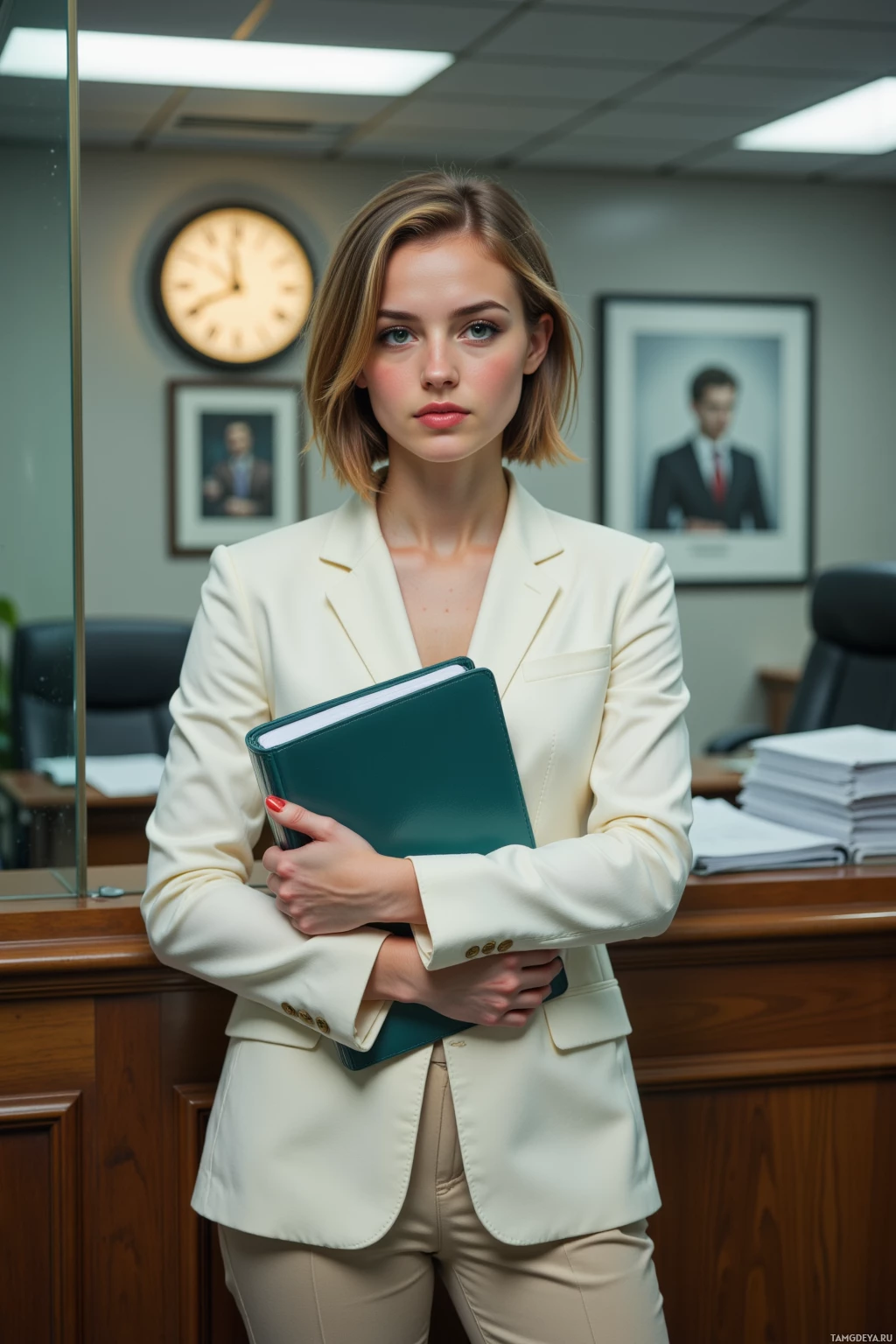 A woman in a professional setting holds a folder, dressed in a white blazer and beige pants.