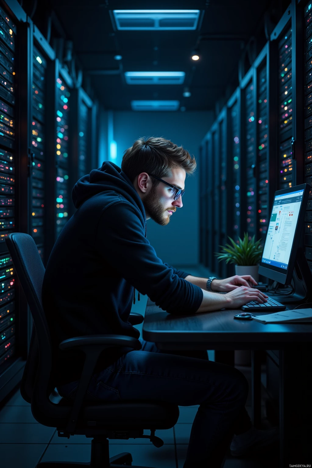 A person works at a computer in a dimly lit server room.
