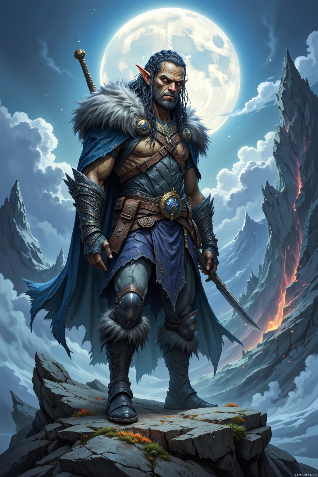 A muscular warrior stands on a rocky outcrop under a full moon, surrounded by rugged mountains.