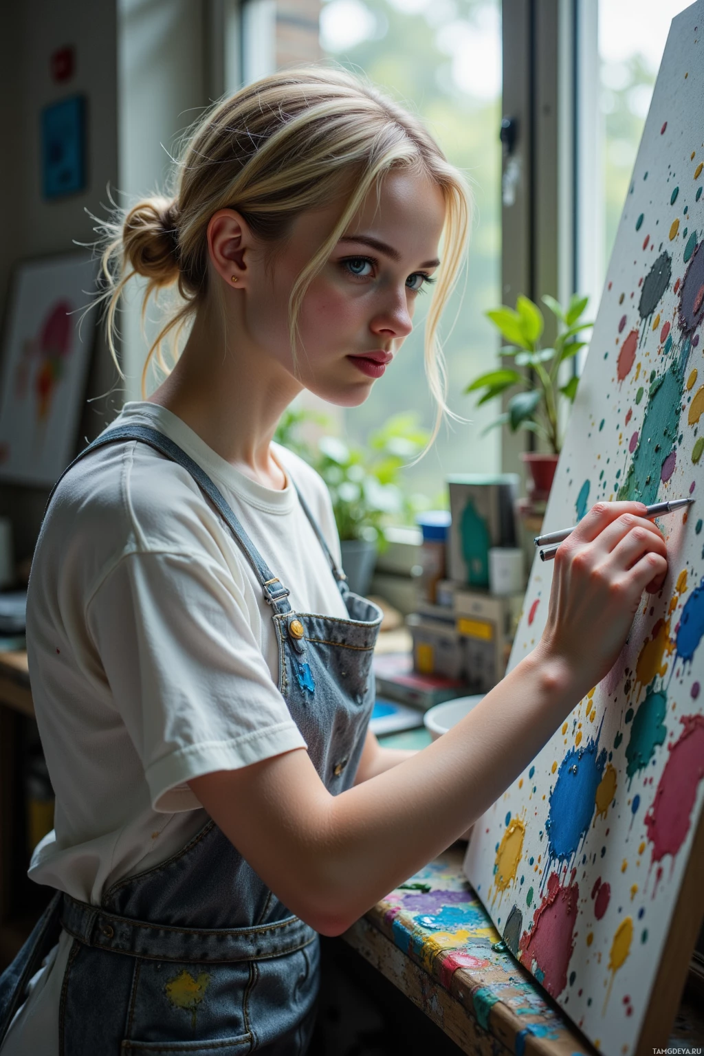 A young woman is painting on an easel in a studio.