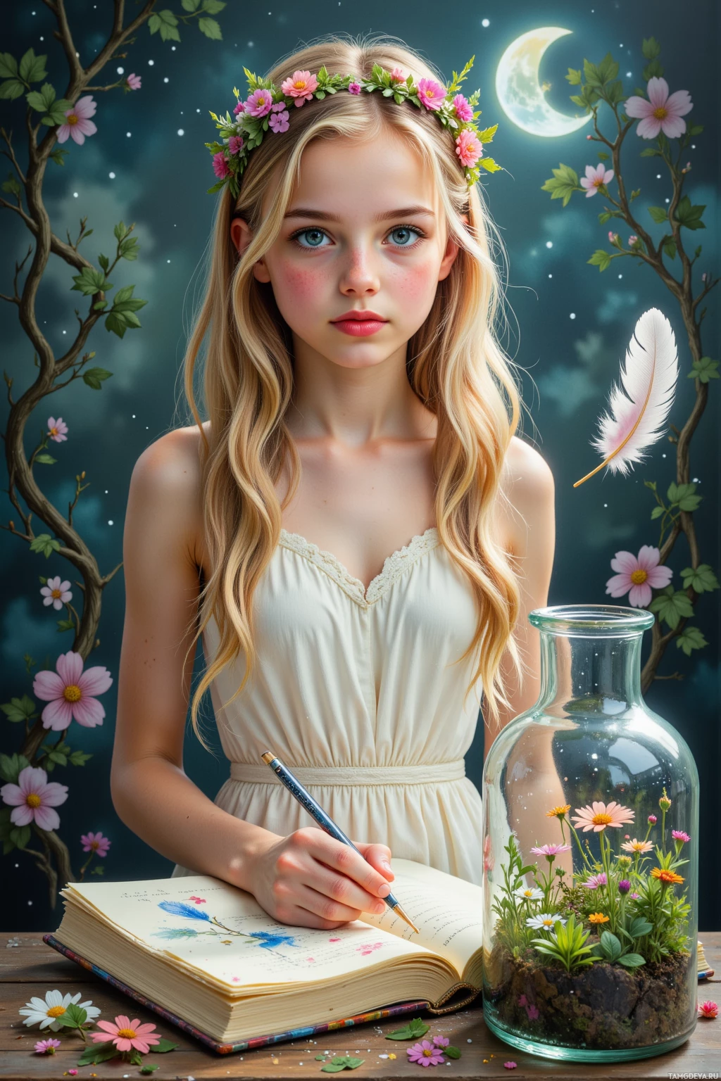 A girl in a white dress writes in a book beside a terrarium of flowers under a night sky.