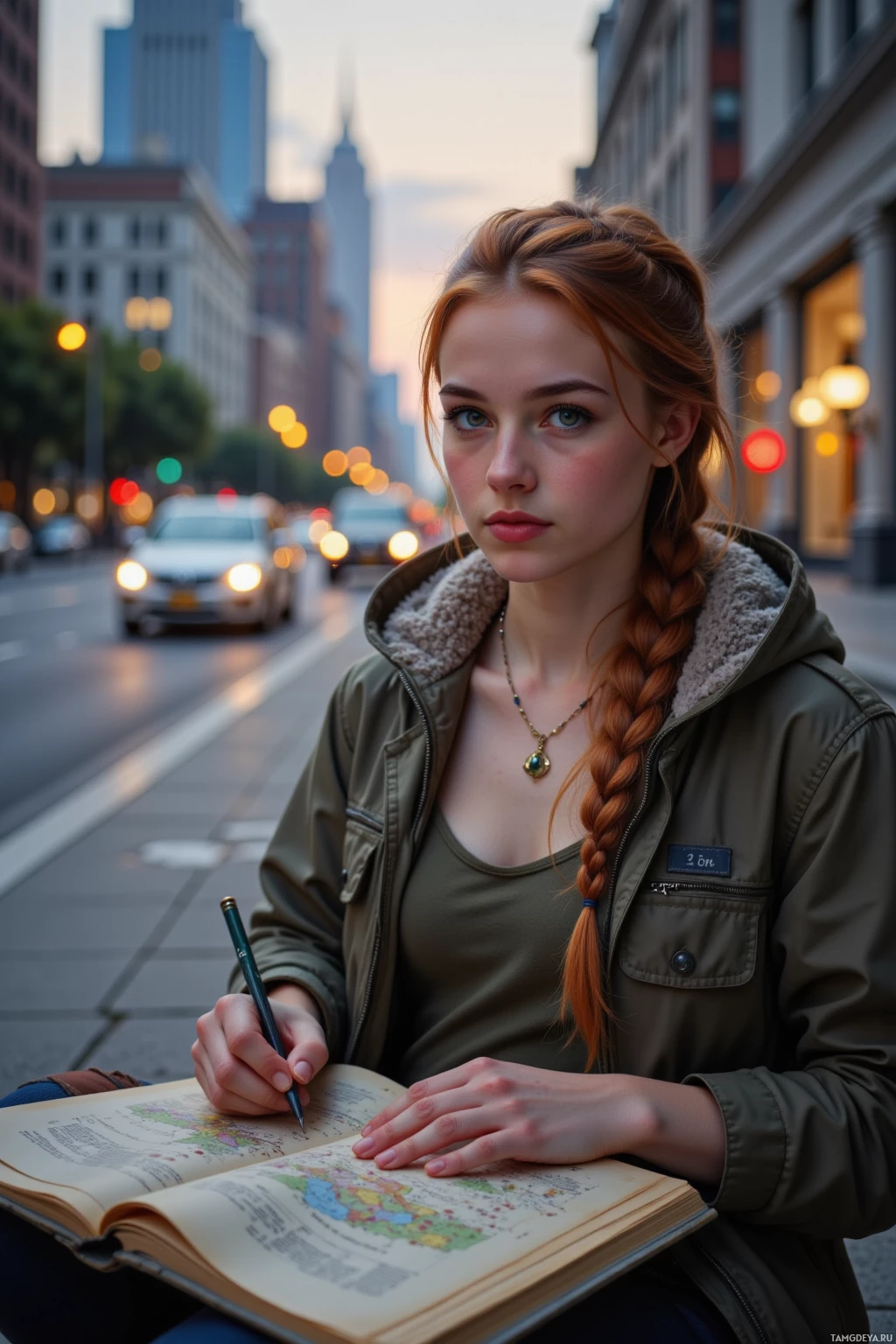 A young woman with a braid sits on a city street, writing in a notebook.