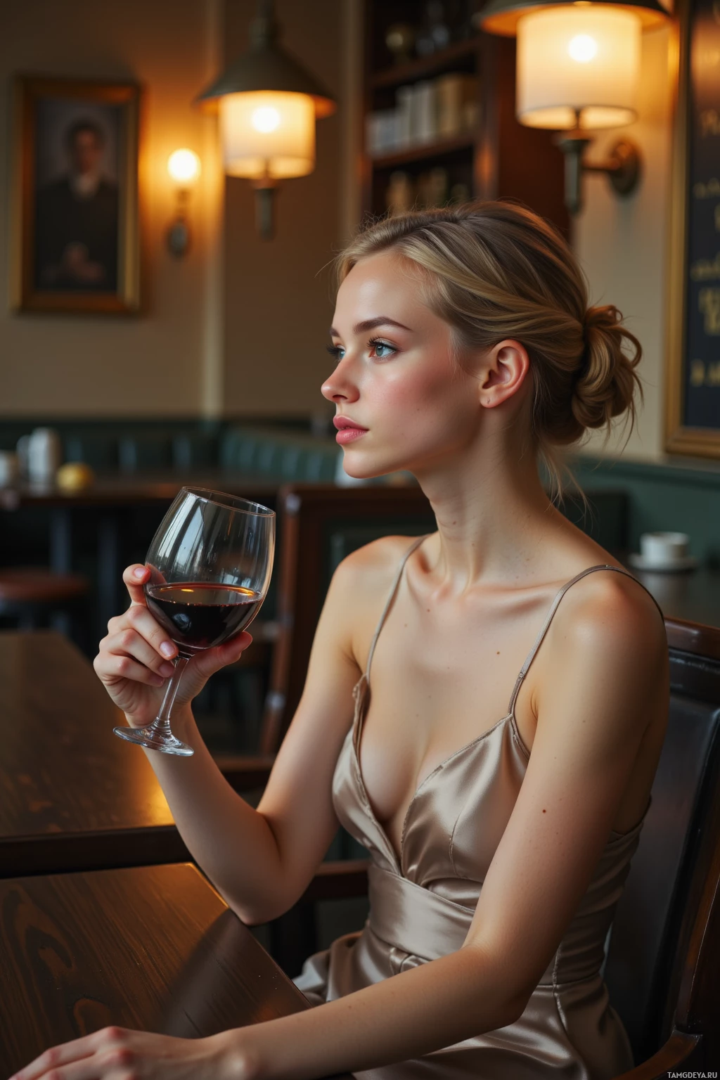 A woman in a satin dress holds a glass of red wine in a warmly lit café.