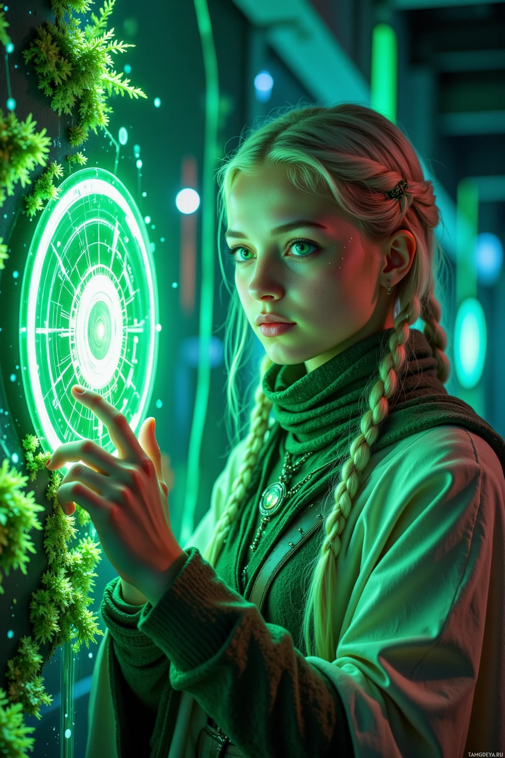 A person in a green outfit interacts with a glowing, futuristic interface.