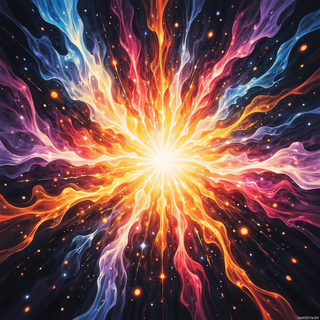 A vibrant cosmic explosion with swirling colors and glowing particles.