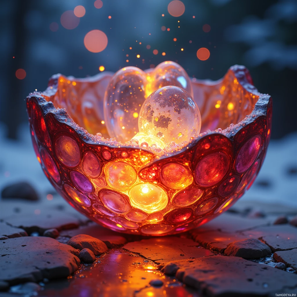 A glowing, translucent bowl with embedded spheres sits on a rocky surface, emitting a warm, ambient light.