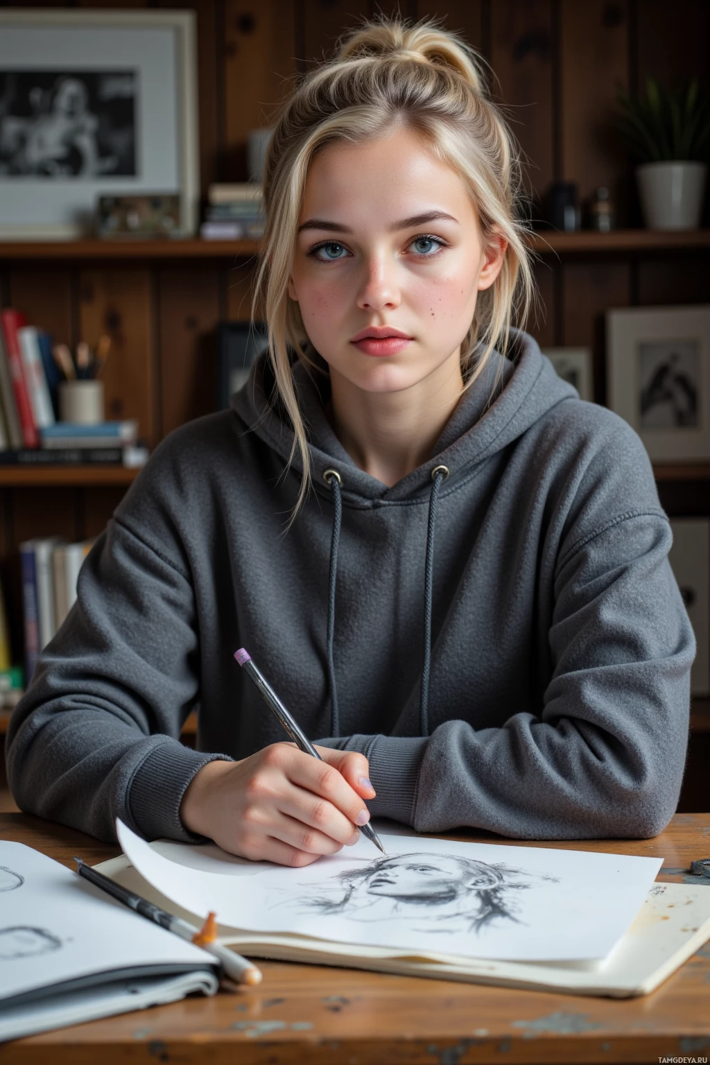 A young person wearing a gray hoodie is drawing a sketch of a face on a piece of paper.