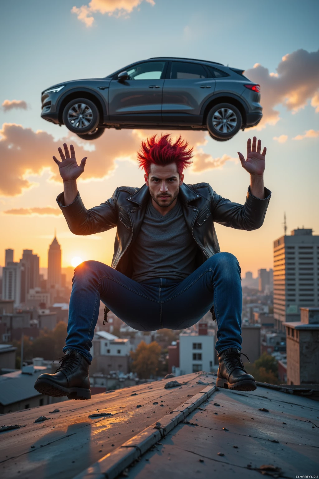 A man with red hair and a leather jacket is suspended in mid-air above a rooftop, with a car floating above him against a cityscape backdrop.