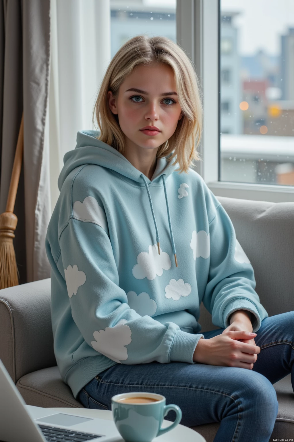 A person wearing a light blue hoodie with cloud designs sits on a couch with a laptop and a cup of coffee nearby.