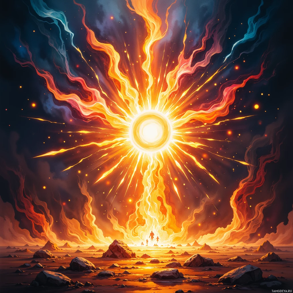 A vibrant, fiery explosion radiates outward, illuminating a rocky landscape beneath a dark sky.