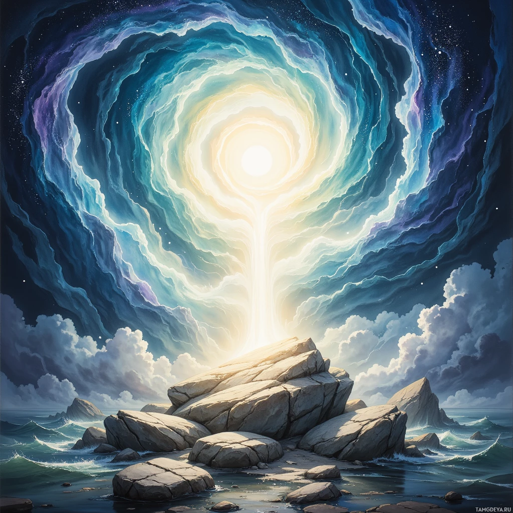 A serene coastal scene with rocky formations and a glowing, ethereal light source in the sky.