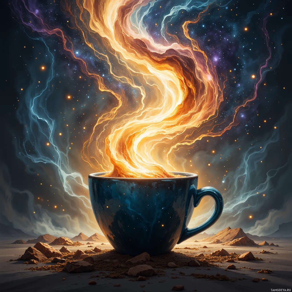 A cosmic scene with a swirling galaxy inside a large blue cup set against a starry sky and rocky landscape.