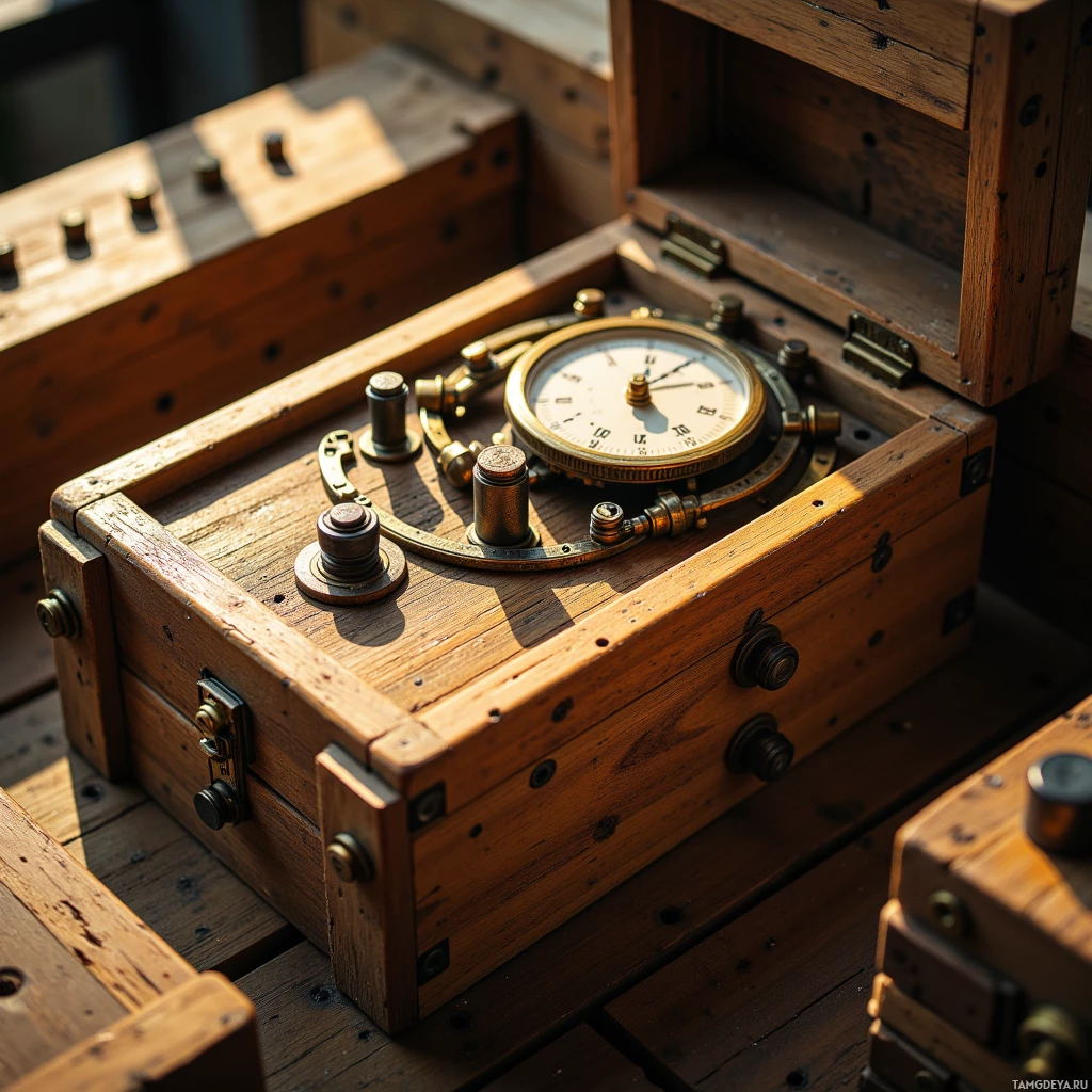 An antique wooden box with a brass clock and dials on top.