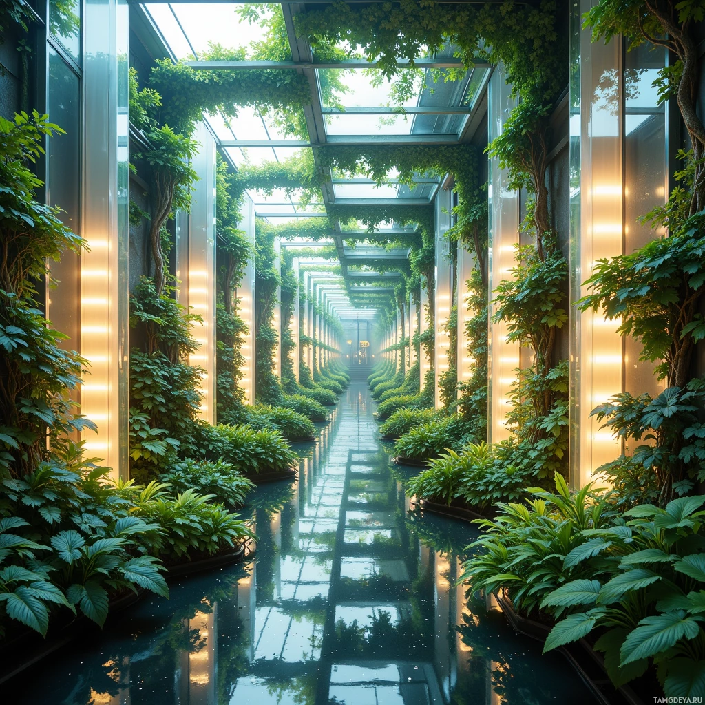 A modern indoor garden with lush greenery and reflective water.