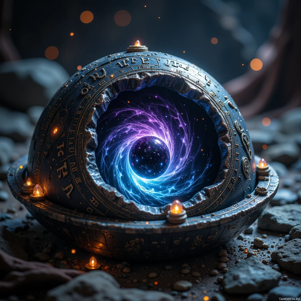 A mystical, ancient artifact with a glowing portal and candles rests on a rocky surface.