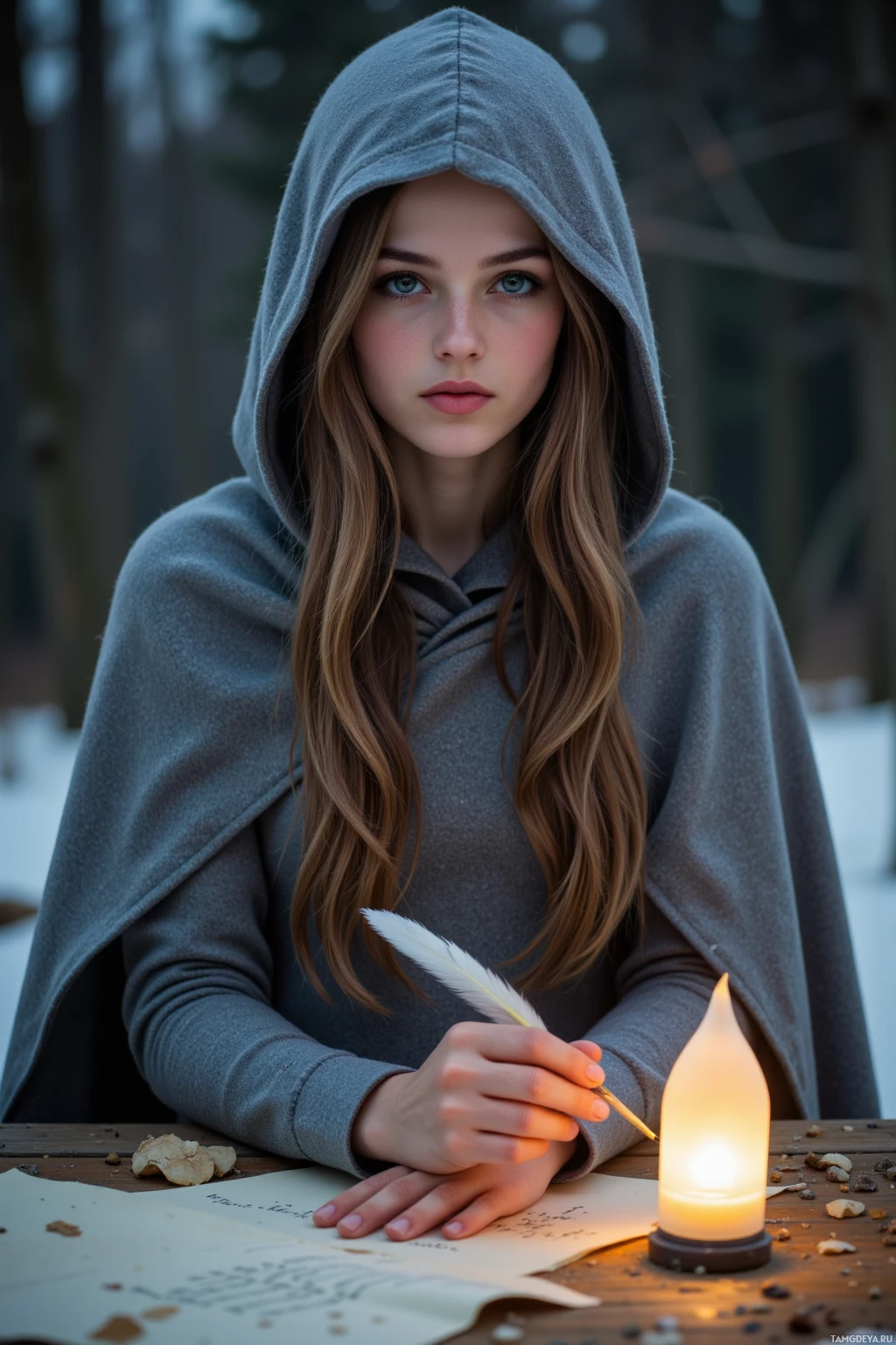 A person in a hooded cloak sits at a table with a lit candle and a quill, appearing to write on a piece of paper.