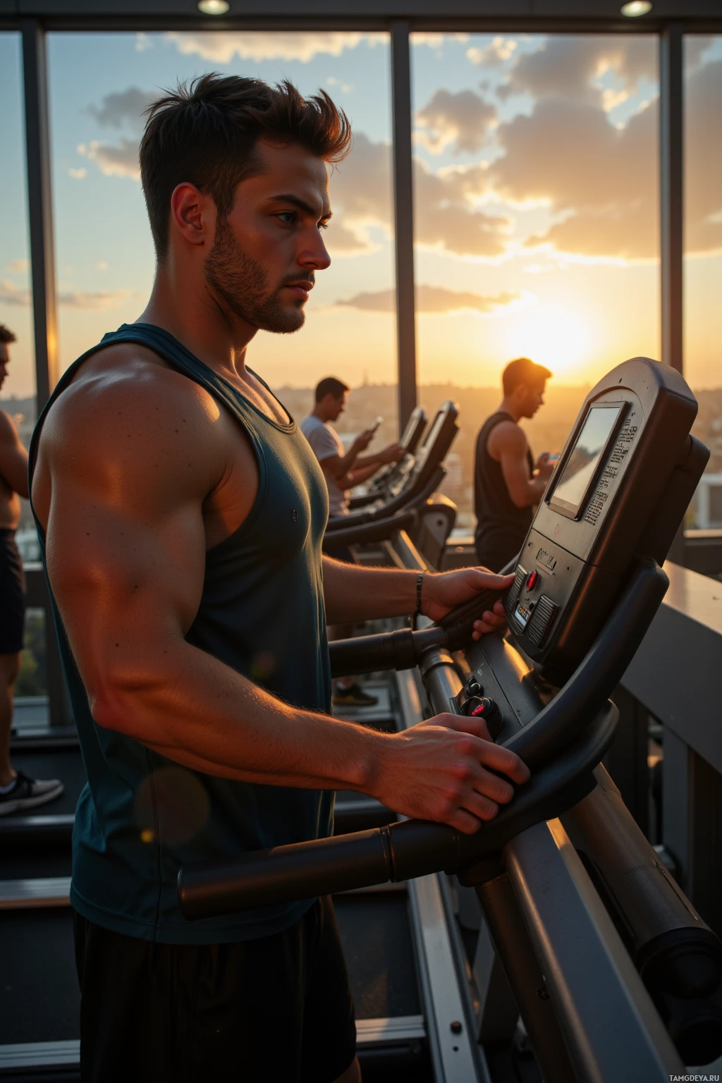 A man is using a treadmill in a gym with a sunset view in the background.