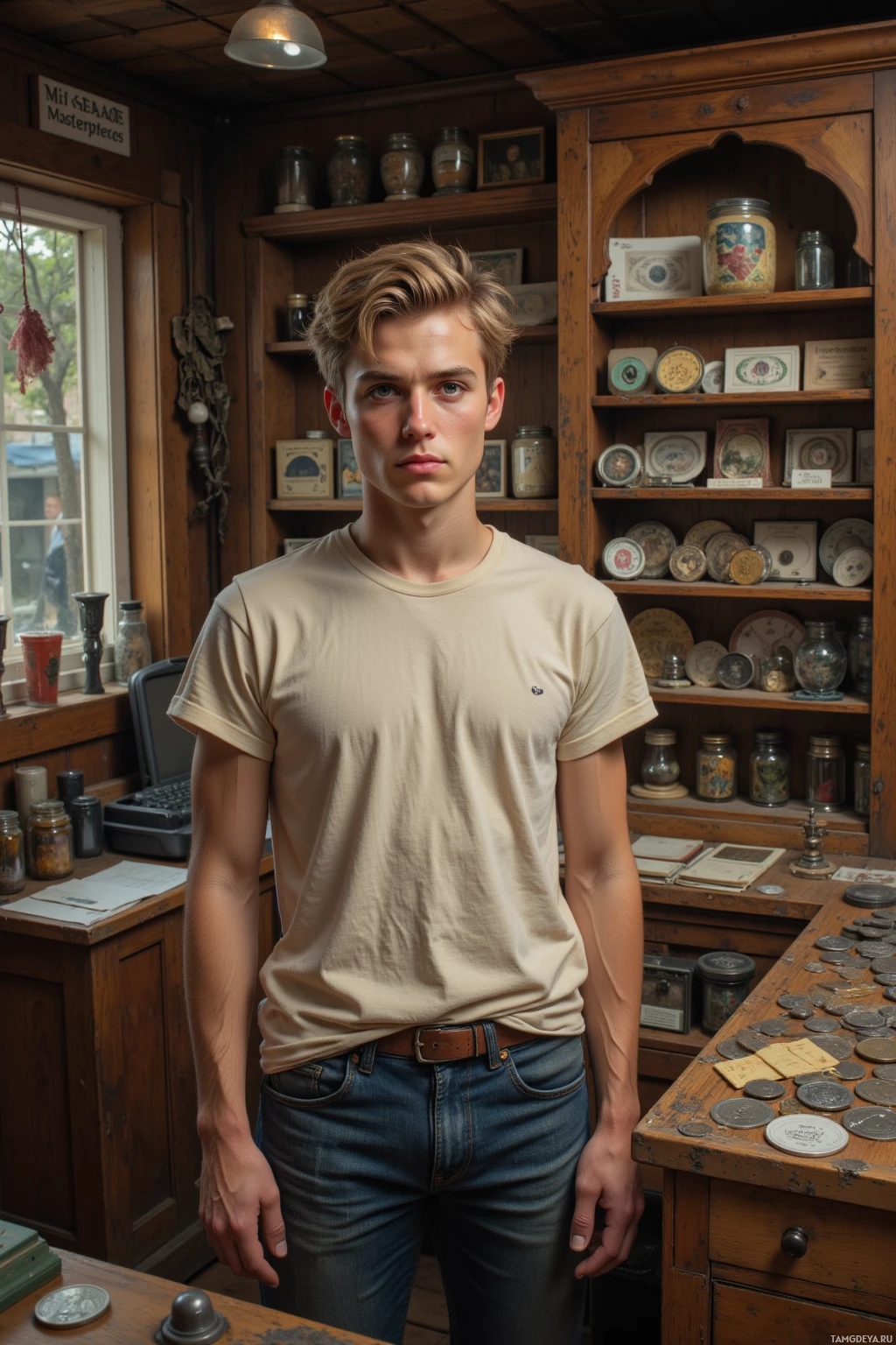 A young man stands in a room with wooden shelves filled with jars and collectibles.